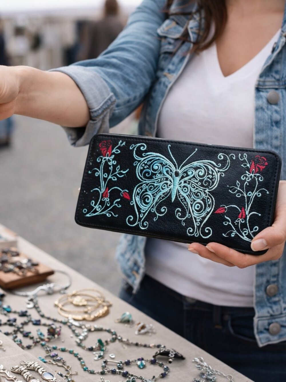 Hand Painted Black Leather Wallet White Filigree Butterfly with Red Roses
